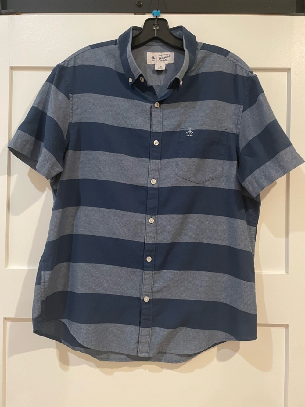 Original Penguin Men's Blue Striped Short Sleeve Button-Down Shirt